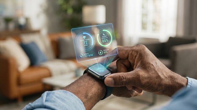 Person using a smartwatch with a futuristic augmented reality interface for health monitoring in a living room