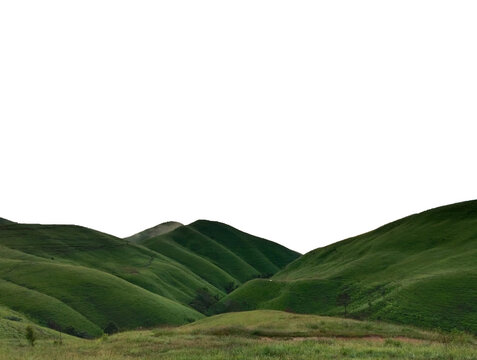 Layer of green mountain ranges and grass hills isolated on white background