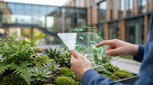 Person using a transparent futuristic digital tablet with holographic interface in a sustainable architectural setting