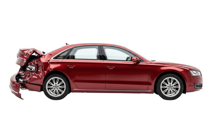 Fototapeta premium Red sedan car with heavy rear end damage after a road accident isolated on transparent background