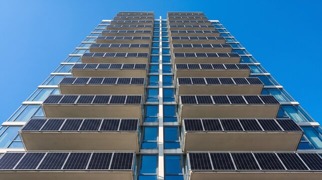 Modern eco-friendly skyscraper apartment building with solar panel balcony railings against a clear blue sky