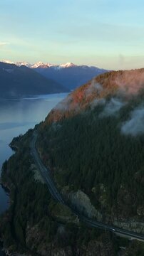 Aerial View on Sea to Sky Highway, Howe Sound and fjords. BC, Canada