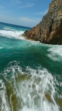 Agile flight along the seashore close to the rocks and water. Sardinia, Italy.