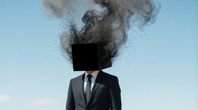 Businessman wears black suit with cubic head exploding into dark smoke cloud. Surreal man represents mental health issues burnout stress pressure anxiety corporate depression despair. Overloaded