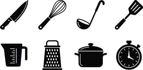 Kitchenware and Cooking Utensils Silhouette Icon Set Featuring Chef's Knife, Balloon Whisk, Soup Ladle, Slotted Spatula, Measuring Pitcher Jug, Box Grater, Covered Cooking Pot,  © MSTJOSNA