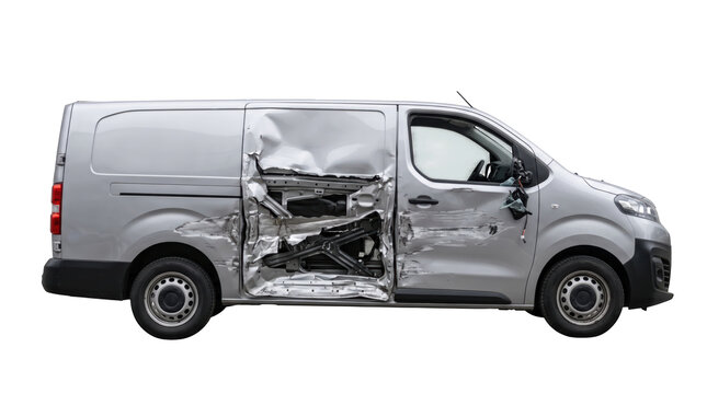 Silver cargo delivery van with heavy side door damage from a car accident isolated on transparent background