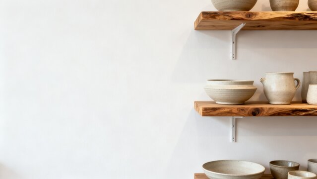 Independent retail display with ceramic pieces natural wood shelf local ret