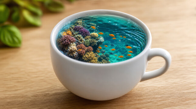 Miniature coral reef ecosystem teeming with fish inside a white coffee cup