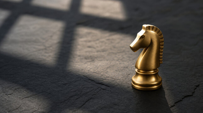Golden chess knight piece casting a shadow on a dark textured surface