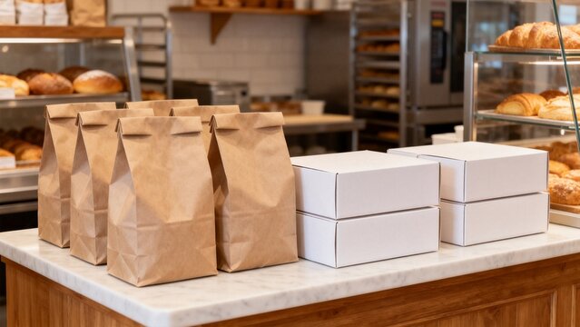 Local small business scene featuring paper bags unbranded boxes bakery inde