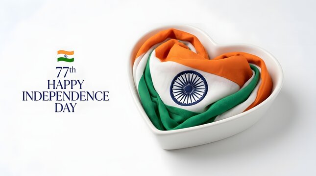 A heart shaped bowl containing the tricolor flag of India arranged beautifully to celebrate the 77th anniversary of Indian Independence Day with pride.