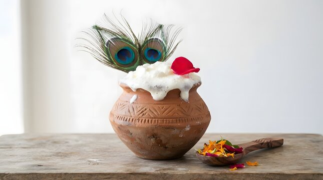 An ornate traditional earthen clay pot filled with creamy white Makhan or fresh butter, decorated with peacock feathers and a vibrant red rose petal, rustic background.