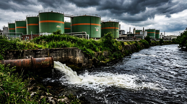 Rustic wooden sawmill by flowing stream, industrial buildings, green foliage waterfall