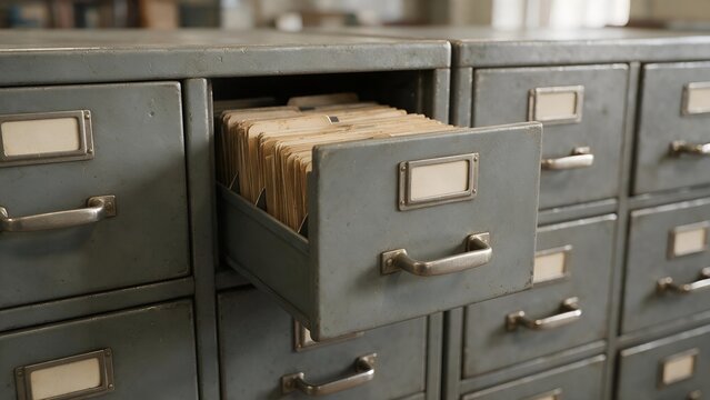 Open metal filing cabinet drawer revealing neatly organized manila paper folders inside a quiet professional office setting captured with soft natural lighting and shallow depth