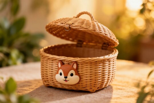 Woven Basket with Fox Face Design on Warm Background