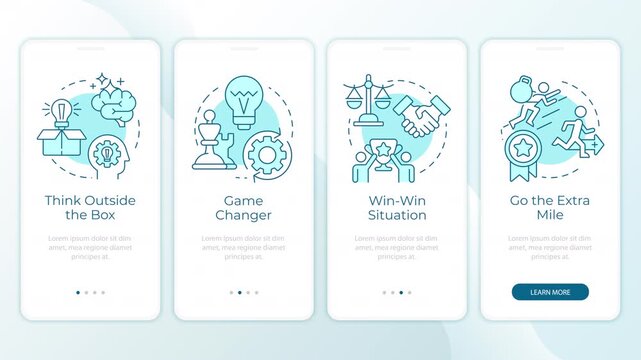 Corporate culture alignment animated onboarding mobile app screens. Goal oriented workspace. UI layout animation with cyan line concept icons. Modern flat interface style motion graphics