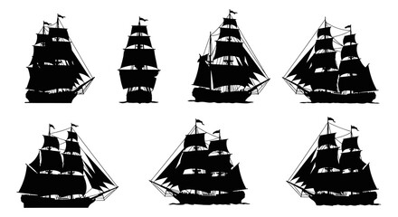 A collection of black silhouette illustrations depicting various vintage sailing ships arranged in two rows on a white background © MahiAhmed