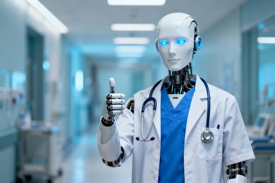 Medical robot doctor in hospital giving thumbs up