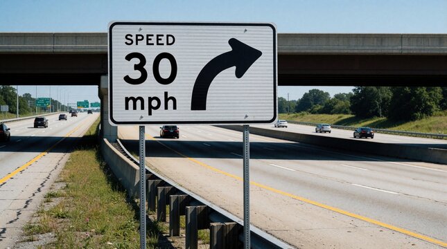 Roadside sign indicates thirty mph speed limit for a highway exit ramp. Cars travel on the multilane freeway under an overpass on a clear day. Directional arrow guides drivers.