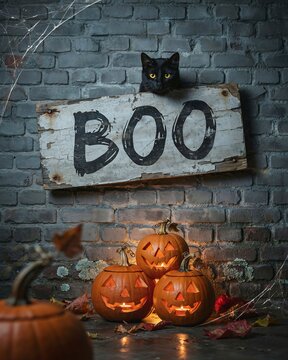 A black cat peeking over a rustic wooden sign that says boo with glowing jack o lanterns below