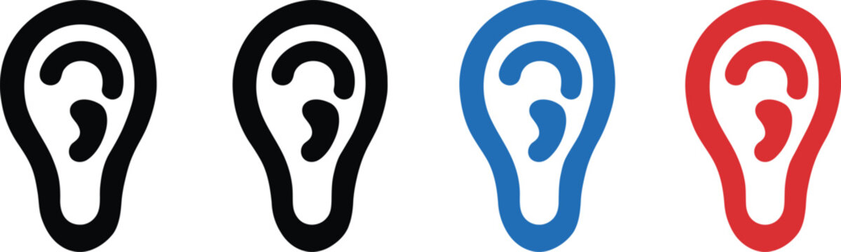 Four colored outline icons of human ear shapes with transparent background