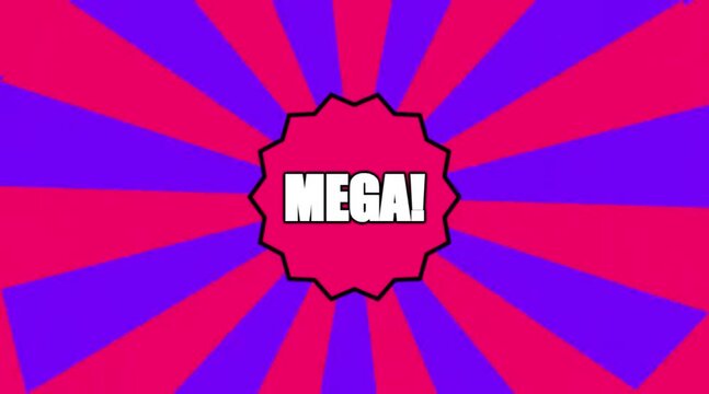 MEGA in white text on a red and purple sunburst background