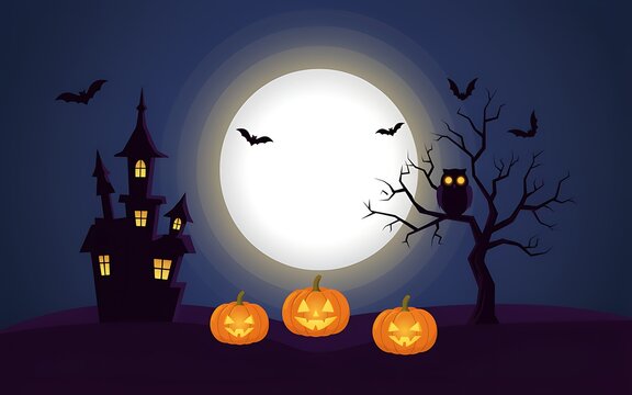Spooky halloween night background with a haunted house glowing pumpkins a full moon and flying bats