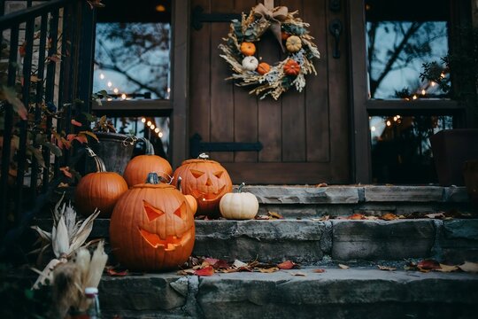 Festive autumn front porch decorated with carved jack o lanterns and a decorative fall wreath on the door