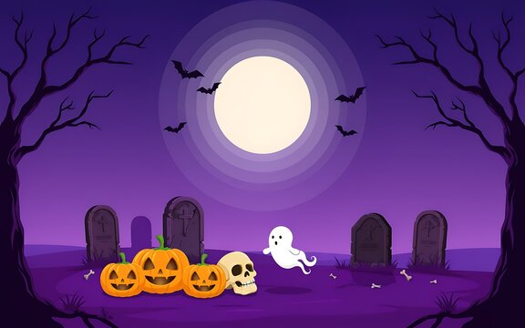 Spooky halloween night background featuring a full moon pumpkins a ghost and tombstones in a dark cemetery