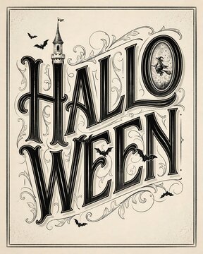 Vintage style halloween typography design with a haunted house tower and flying bats on a parchment background