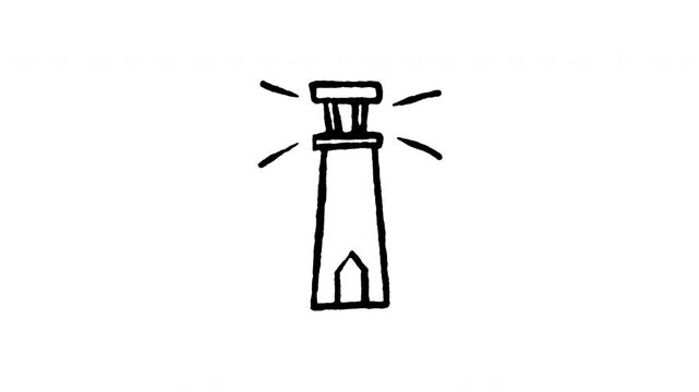 Hand drawn 4K lighthouse tower doodle animation with boiling line movement. Frame by frame line art on black and green screen backgrounds for nautical beacon, coast guide, searchlight, and sea.