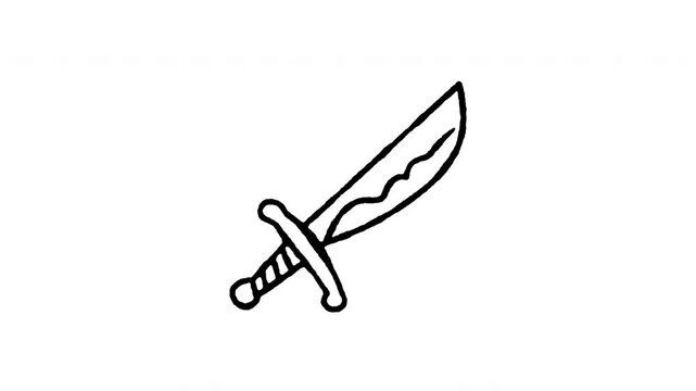 Hand drawn 4K cutlass sword doodle animation with boiling line motion. Frame by frame outline on black and green screen backgrounds, perfect for pirate saber, weapon blade, fencing, and battle.