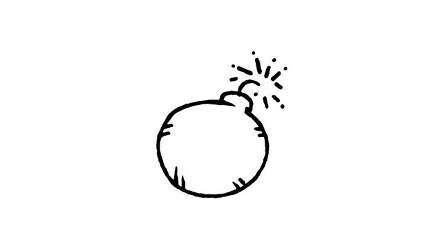 4K animated lit bomb doodle icon. Frame by frame line art on black and green screen chroma key background for burning fuse, explosive pirate cannonball, blast danger, and threat video edits.