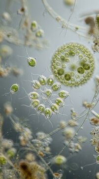 Microscopic green colonial algae demonstrating multicellular hurdle, visualizing rare earth hypothesis great filters evolutionary bottleneck where single cells bond into complex biological sphere.
