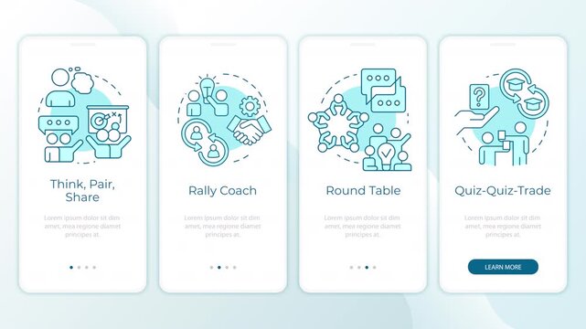 Collaborative learning frameworks animated onboarding mobile app screens. Active engagement strategies. UI layout animation with cyan line concept icons. Modern flat interface style motion graphics