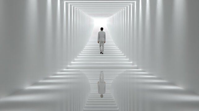 Man in dark suit walking down white spiral staircase in gray interior