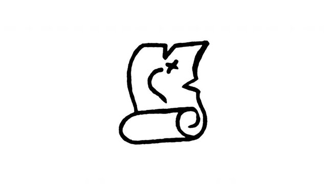 Hand drawn 4K old rolled map doodle animation with boiling line motion. Frame by frame outline on black and green screen backgrounds, perfect for treasure quest, parchment scroll, and navigation.