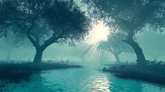 Misty forest scene with sunlight breaking through tall ancient trees over a calm river