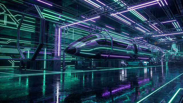 HDR photography of a high-speed magnetic levitation train enclosed in a glowing green and purple neon tube