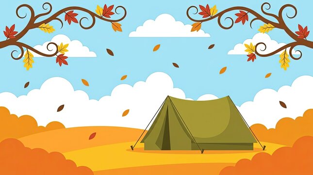 Autumn camping landscape with tent and falling leaves.
