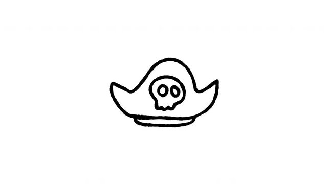 4K hand drawn pirate captain's hat icon featuring boiling line movement. Frame by frame doodle art on black and green screen backgrounds for tricorn headwear, skull emblem, corsair, and buccaneer.