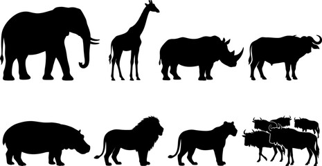 Fototapeta premium African Safari Wildlife Silhouette Set with Elephant Giraffe Rhinoceros Buffalo Hippopotamus Lion and Wildebeest