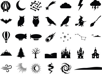 Spooky Night Sky, Halloween and Landscape Silhouette Icon Set