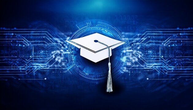 cap and gown on blue tech background