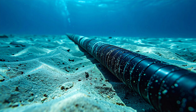 Modern submarine fiber optic communication cable on sandy seabed, underwater ocean floor with fine sand particles, protective cable coating, global communication infrastructure. Close-up.