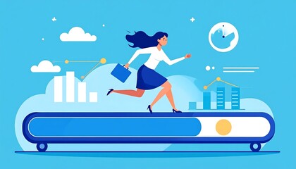 Obraz premium Businessman jumping over hurdles with city skyline background.