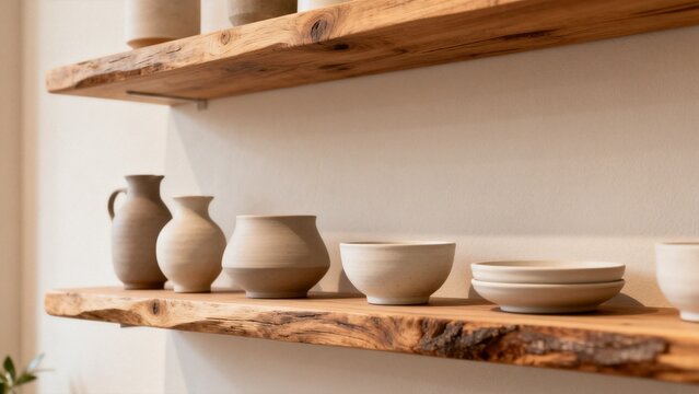 Independent retail display with ceramic pieces natural wood shelf local ret
