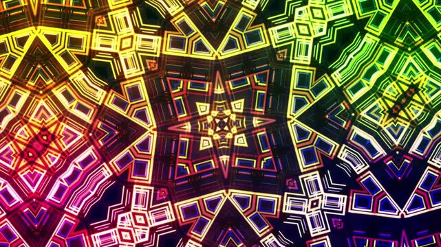 Kaleidoscopic rainbow neon shapes create a vivid symmetrical futuristic pattern.
