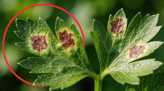 Celery leaf close-up shows brown spots from Septoria blight. Fungal infection damages plant in garden affecting agriculture crop health. Macro detail of sick leaf.