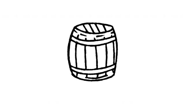 Animated rum barrel doodle icon. Features 4K frame by frame boiling line animation on black and green screen backgrounds for wooden cask, alcohol storage, pirate beverage, and pub wine edits.